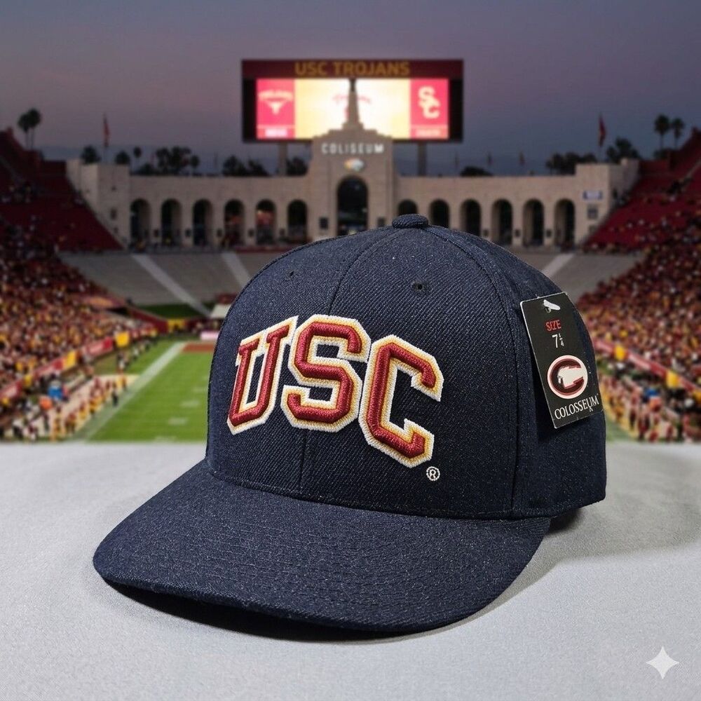 NEW NWT USC Trojans Fitted Hat Cap Size 7 1/4 Colosseum Navy Blue Trojan Head